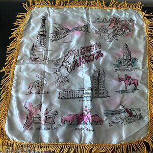 Vtg Satin Pillow Cover NORTH DAKOTA Silver with Gold Fringe 16" Square Badlands
